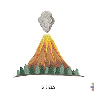 May include: Embroidered design of a volcano with a plume of smoke erupting from the top. The volcano is surrounded by a row of green trees at the base. The design is available in three sizes.