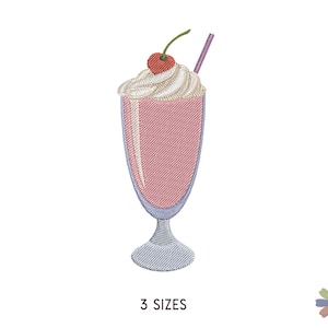 May include: A pink milkshake with whipped cream and a cherry on top, in a glass with a purple stem and base. The milkshake has a straw sticking out of the top.