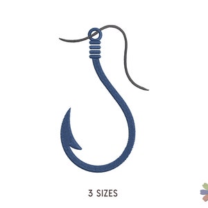 May include: A blue fishing hook with a black line attached to the top. The hook is in the shape of a 'J' and has a sharp point. The image includes the text "3 SIZES".