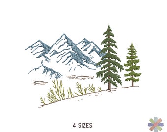 Pine Trees in Mountains Embroidery Design. Machine Embroidery Forest Pattern. Nature Scene. Instant Download Digital File