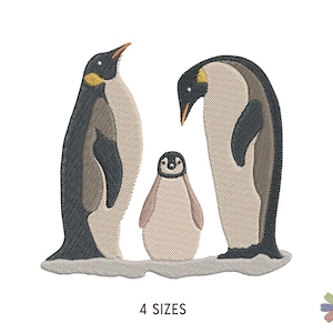 May include: An embroidery design featuring two adult emperor penguins standing on either side of a small chick. The penguins are rendered in black, white, gray, and yellow thread. The text 4 SIZES is printed in black below the penguin illustration.