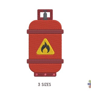 May include: Red propane tank with a black flame warning symbol. The tank has a black valve and a silver handle.