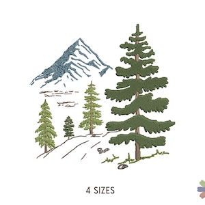 Broderidesign med skogstallar på klippa i berg: Naturscen (mönster i flera format)