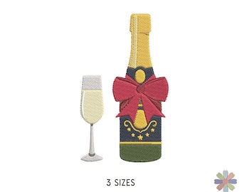 Champagne Bottle with Red Bow and Champagne Glass Embroidery Design. Machine Embroidery Wine Pattern. Instant Download Digital File