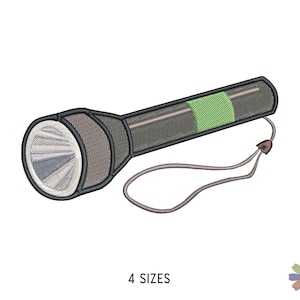 May include: A gray and green flashlight with a black strap. The flashlight has a white lens with a ribbed design.