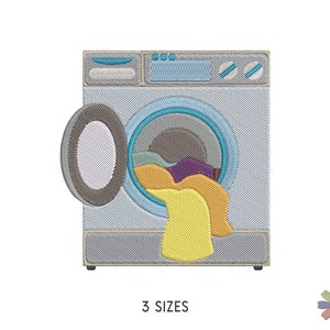 Puede incluir: Una lavadora gris con una puerta blanca y una cesta de ropa azul y amarilla en su interior. La lavadora tiene un panel de control con algunos botones y una pequeña ventana en la parte superior.