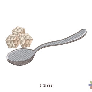 May include: A silver spoon with three sugar cubes on top. The spoon is curved and the sugar cubes are white.