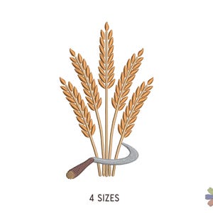 May include: An embroidery design featuring five stalks of golden wheat arranged in a fan shape, tied together at the base by a curved silver sickle with a brown handle. The text 4 SIZES is printed in black below the wheat and sickle illustration.