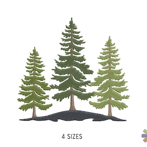 May include: An embroidery design featuring three evergreen trees of varying heights standing on a dark gray mound. The trees are rendered in shades of forest green and olive green with brown trunks. The text 4 SIZES is printed below the trees.