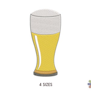 May include: A glass of beer with a white head, in a tall glass with a yellow liquid. The glass has a slight curve at the bottom. The image is a digital embroidery design.
