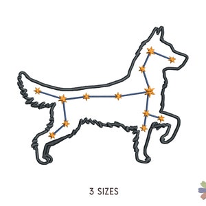 Puede incluir: Un contorno negro de un perro con estrellas doradas conectadas por líneas azules, formando una constelación. El texto "3 SIZES" está debajo de la imagen.