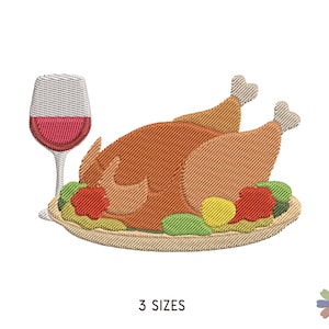 Roast Chicken on Plate with Wine Dinner Embroidery Design. Machine Embroidery Food Element Pattern. Instant Download Digital File