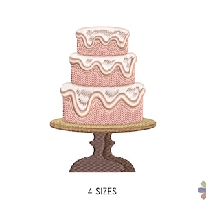 May include: A three-tiered pink cake with white frosting and a wavy design on a brown cake stand. The cake is decorated with a simple white frosting design.