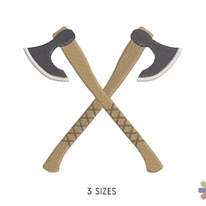 May include: Embroidered design of two crossed axes. The axes have dark gray blades with a silver edge and tan handles wrapped with a lighter tan material. The handles are crossed and have a decorative stitched pattern. The text "3 SIZES" is below the axes.