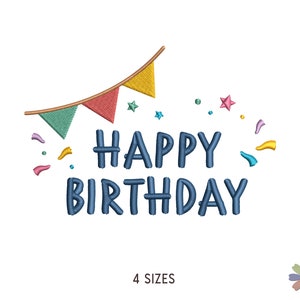 Happy Birthday with Flags and Confetti Embroidery Pattern Thirti. Machine Embroidery Birthday Element Pattern. Instant Download Digital File