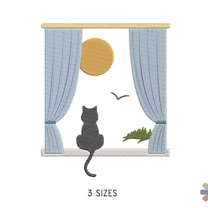 May include: Black cat sitting in a window with blue curtains, looking out at a yellow sun and a bird flying in the sky. The text "3 SIZES" is below the image.