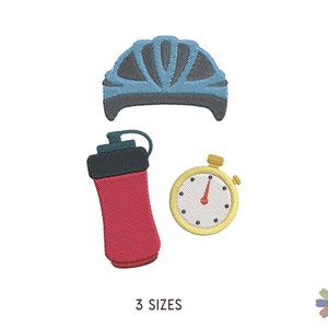 自転車ヘルメット、ウォーターボトル、ストップウォッチの刺繍デザイン。機械刺繍スポーツパターン。デジタルファイルの即時ダウンロード