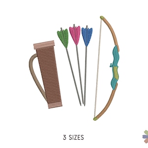 May include: A brown leather quiver with three arrows, one green, one pink, and one blue, and a brown and green bow.