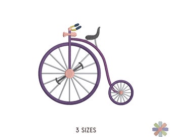Retro fiets met groot wiel borduurwerkontwerp. Machineborduurpatroon. Voertuigscène. Bestanden in meerdere formaten. Digitaal bestand direct downloaden