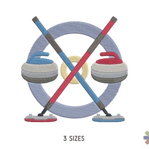 May include: An embroidery design featuring two curling stones, two brooms, and a target circle. The stones are grey with blue and red handles. The brooms are red and blue with grey handles. The target circle is blue with a yellow centre.