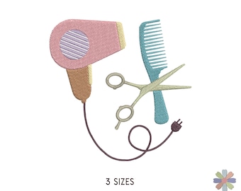 May include: A pink hair dryer with a brown handle and a cord, a pair of silver scissors, a blue comb with a yellow handle, and the text "3 SIZES".