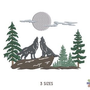 Paar huilende wolven in Pine Fir Forest Twinni borduurwerk Design. Machine borduurpatroon. Scène met dieren. Direct digitaal bestand downloaden