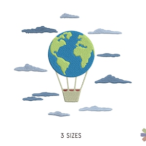 May include: An embroidery design of a hot air balloon with a globe as the balloon. The globe is blue and green with continents outlined in green. The balloon is surrounded by white clouds. The design is available in three sizes.