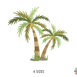 Puede incluir: Dos palmeras verdes con troncos marrones y cocos. Los árboles están sobre un fondo blanco.