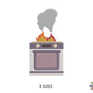 Op de afbeelding: Een witte oven met een paarse rand en een glazen deur staat in brand. Er komt rook uit de oven en er zijn vlammen zichtbaar.