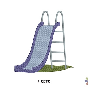 May include: A blue and gray playground slide with a silver ladder. The slide is on a green patch of grass.