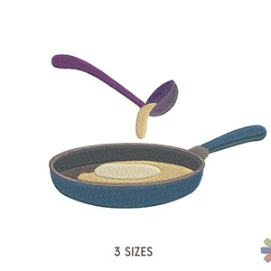 May include: A blue frying pan with a yellow egg yolk being poured into it from a purple ladle. The pan has a black handle.