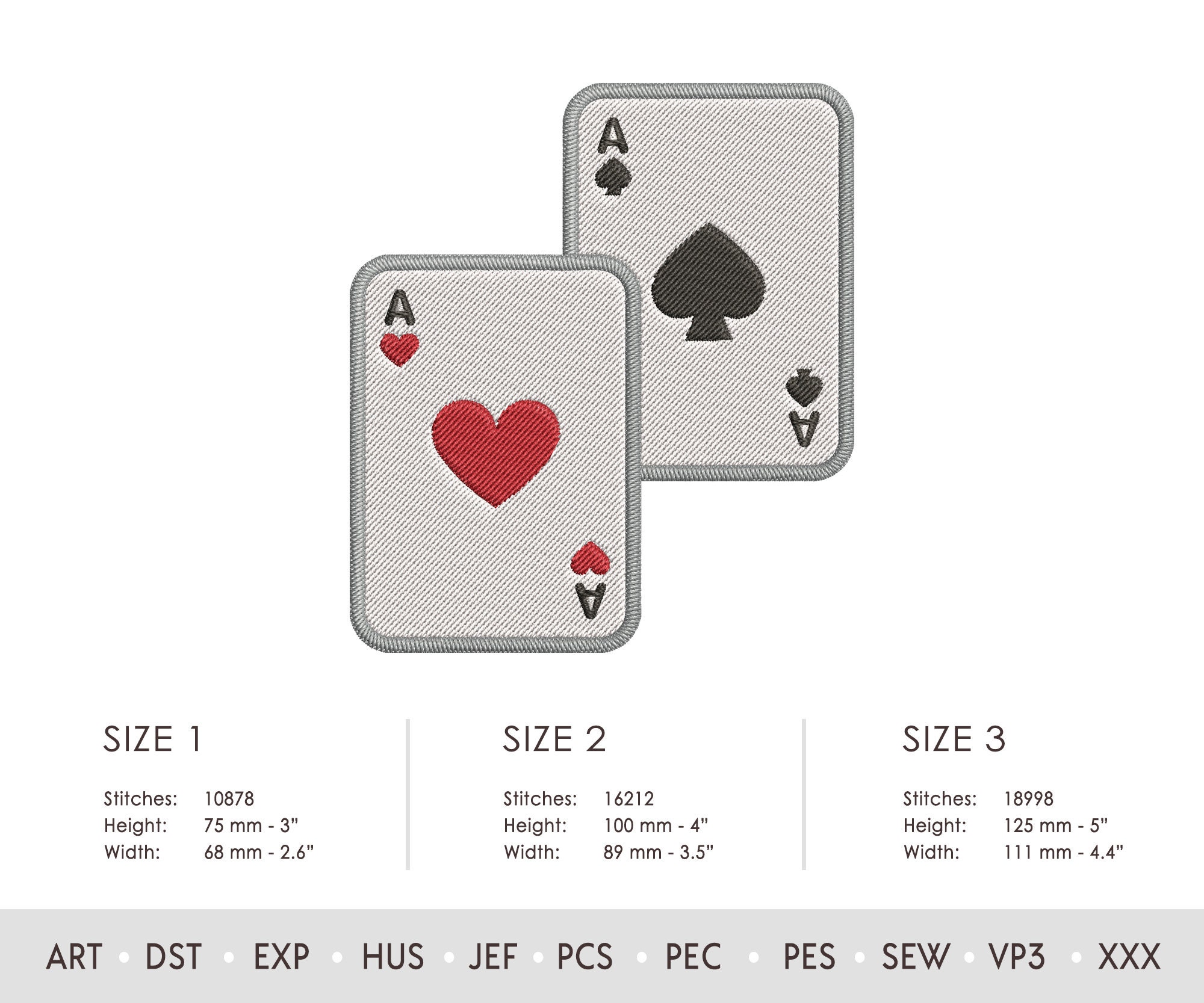 トランプのハートとスペードのエースの刺繍デザイン。機械刺繍パターン