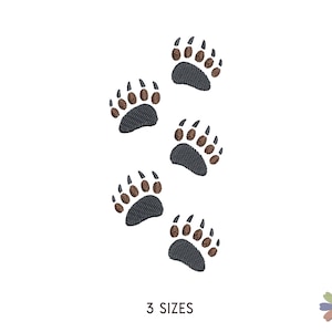 May include: Five brown bear paw prints with black outlines on a white background. The paw prints are arranged in a random pattern. The text "3 SIZES" is at the bottom of the image.
