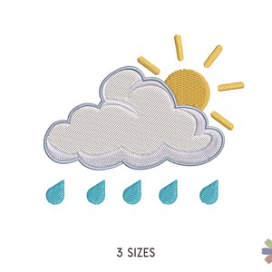May include: A white cloud with a yellow sun peeking out from behind it. Five blue raindrops fall from the cloud. The text "3 SIZES" is below the image.