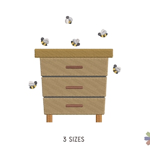 May include: A brown wooden beehive with three drawers and a small bee design on each drawer.  There are six bees flying around the beehive.