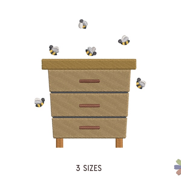 Wooden Beehive Box with Bees Embroidery Design Onni. Machine Embroidery Pattern. Nature Scene. Instant Download Digital File