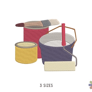 May include: A set of three paint containers, including a red paint can, a yellow paint can, and a blue paint bucket with a white paint roller and a red paintbrush. The paint containers are for painting projects.