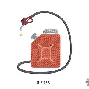 Könnte beinhalten: Ein roter Kanister mit einem schwarzen Auslauf und Schlauch. Der Schlauch ist mit dem Kanister verbunden und hat eine Düse am Ende. Die Düse tropft eine gelbe Flüssigkeit. Der Kanister hat ein weißes Etikett mit einem schwarzen Quadrat darauf. Der Text "3 SIZES" ist unter dem Bild gedruckt.