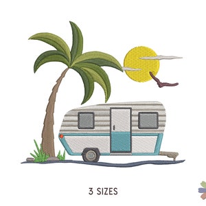 Palmier et remorque de camping sur le motif de broderie coucher de soleil sur la plage. Motif de broderie machine. Scène de style de vie. Fichier numérique à téléchargement immédiat