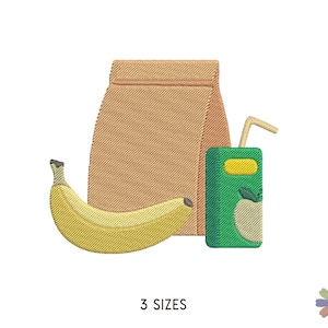 May include: A brown paper lunch bag, a green juice box with a straw, and a yellow banana. The juice box has a red apple on it.  3 SIZES.