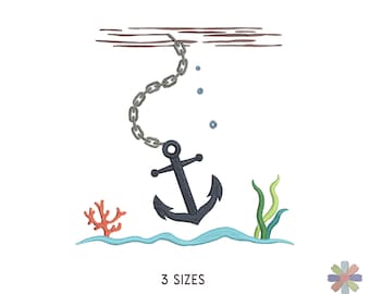 Ship Anchor with Chain on Sea Floor Embroidery Design: Sea Ocean Scene (Multi Format Pattern)
