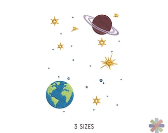 May include: An embroidered design of a blue and green Earth, a maroon planet with rings, and gold stars on a white background. Small blue dots are scattered throughout. The text "3 SIZES" is at the bottom of the design.