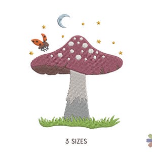 May include: Embroidered design of a pink and white mushroom with white spots, a ladybug flying above it, and a crescent moon and stars in the background. The mushroom is sitting on a bed of green grass.
