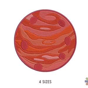 May include: Embroidered patch of a red and orange planet with a swirling pattern. The planet has five small red circles on its surface.