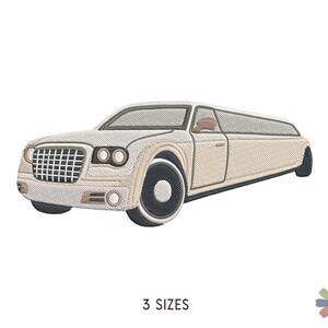 Può includere: Design di ricamo di limousine bianca. Il design presenta una vista frontale dettagliata di una limousine bianca con ruote nere e fari.