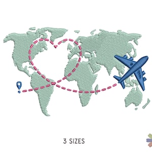 Mit dem Flugzeug um die Welt reisen mit dem Heart Route Stickdesign. Maschinenstickerei Reisemuster. Sofortiger Download digitale Datei