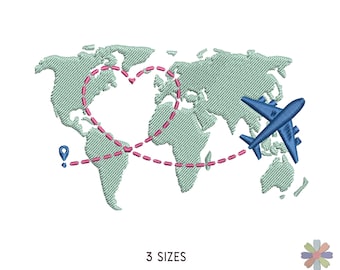 Mit dem Flugzeug um die Welt reisen mit dem Heart Route Stickdesign. Maschinenstickerei Reisemuster. Sofortiger Download digitale Datei