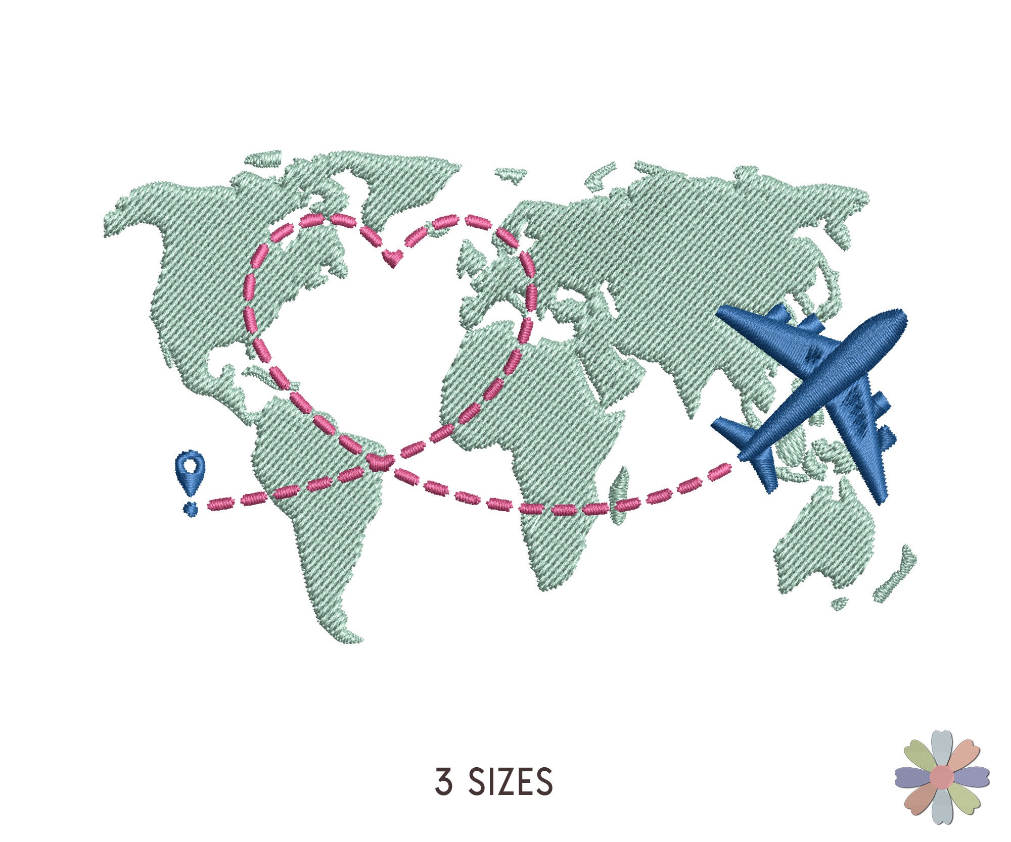Travelling Around World by Airplane with Heart Route Embroidery Design. Machine Embroidery Travel Pattern. Instant Download Digital File