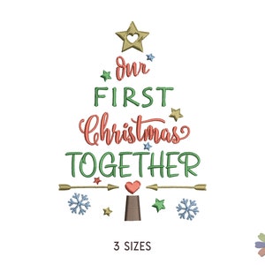 May include: Green, red, and gold embroidered design of a Christmas tree with the text "Our First Christmas Together" and stars.
