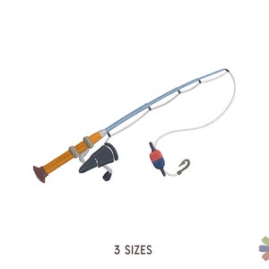 May include: A blue and white fishing rod with a black reel and a red and blue bobber. The rod is in a curved position with the line attached to the bobber.